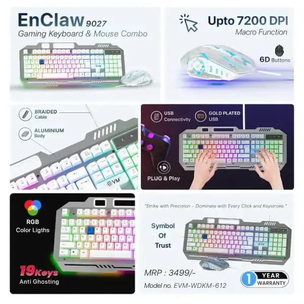 EVM EnClaw 9027 Gaming Keyboard and Mouse Combo (White) (WDKM-612-SILVER-WHITE)