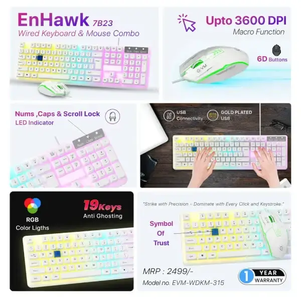 EVM EnHawk 7B23 Gaming Keyboard and Mouse Combo (White) (EVM-WDKM-315)